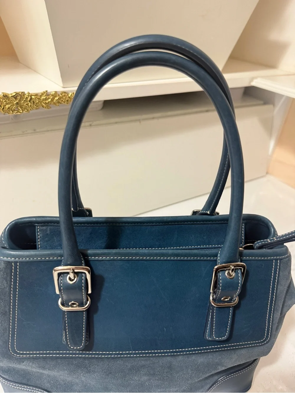 Suede and leather handbag, Coach Hampton satchel
